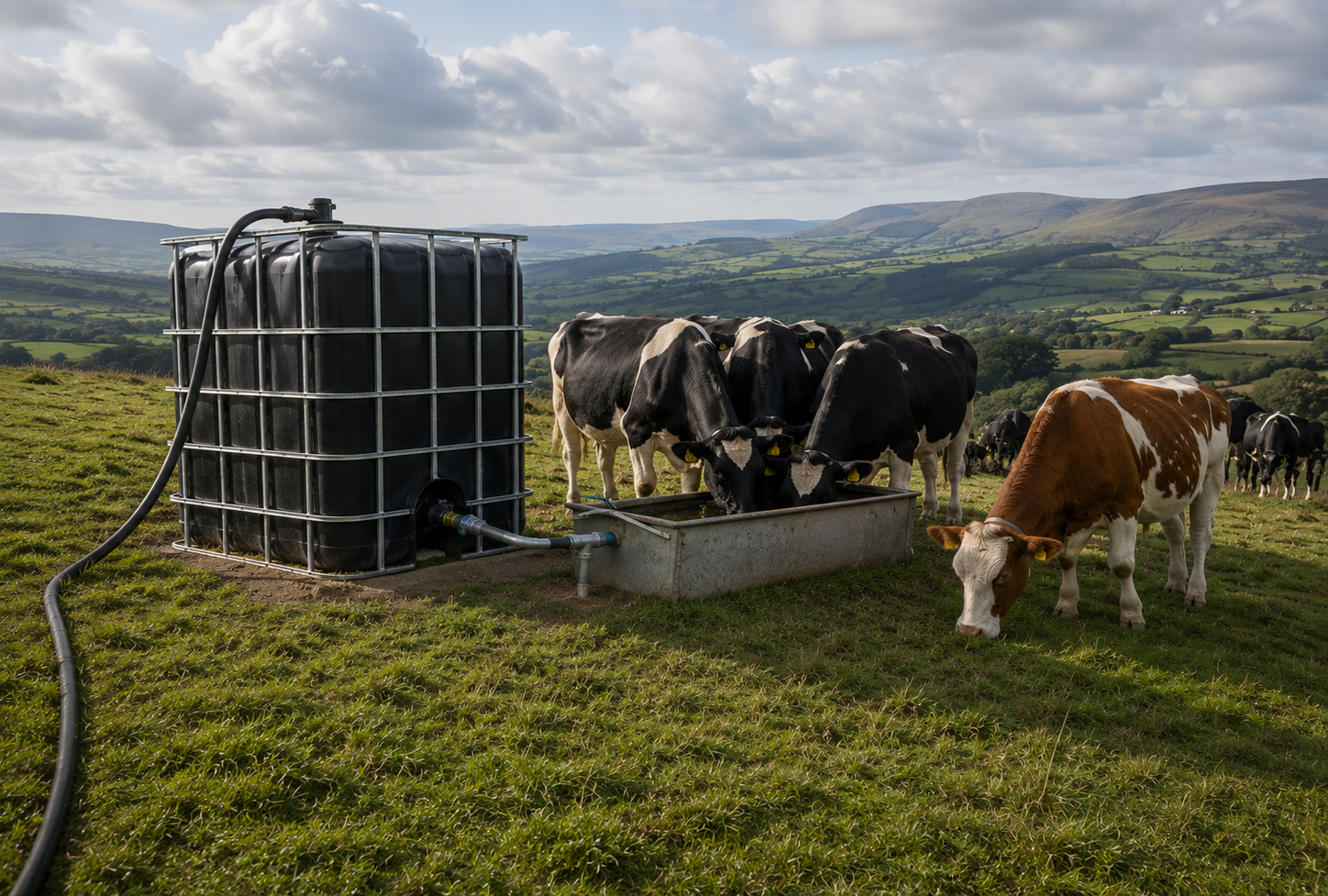 Livestock watering trough with solar panels in mountainous Donegal landscape