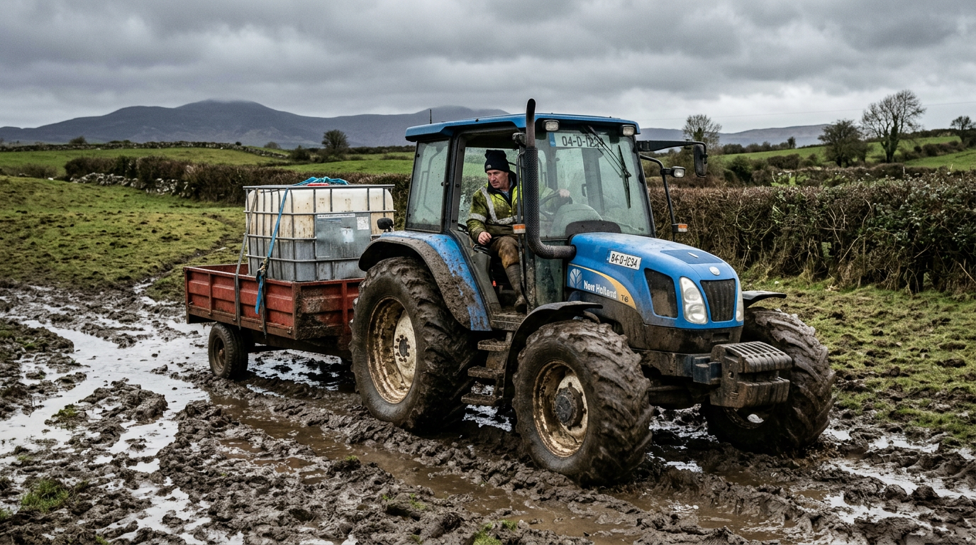 Farmer hauling water tanks across difficult terrain with a tractor